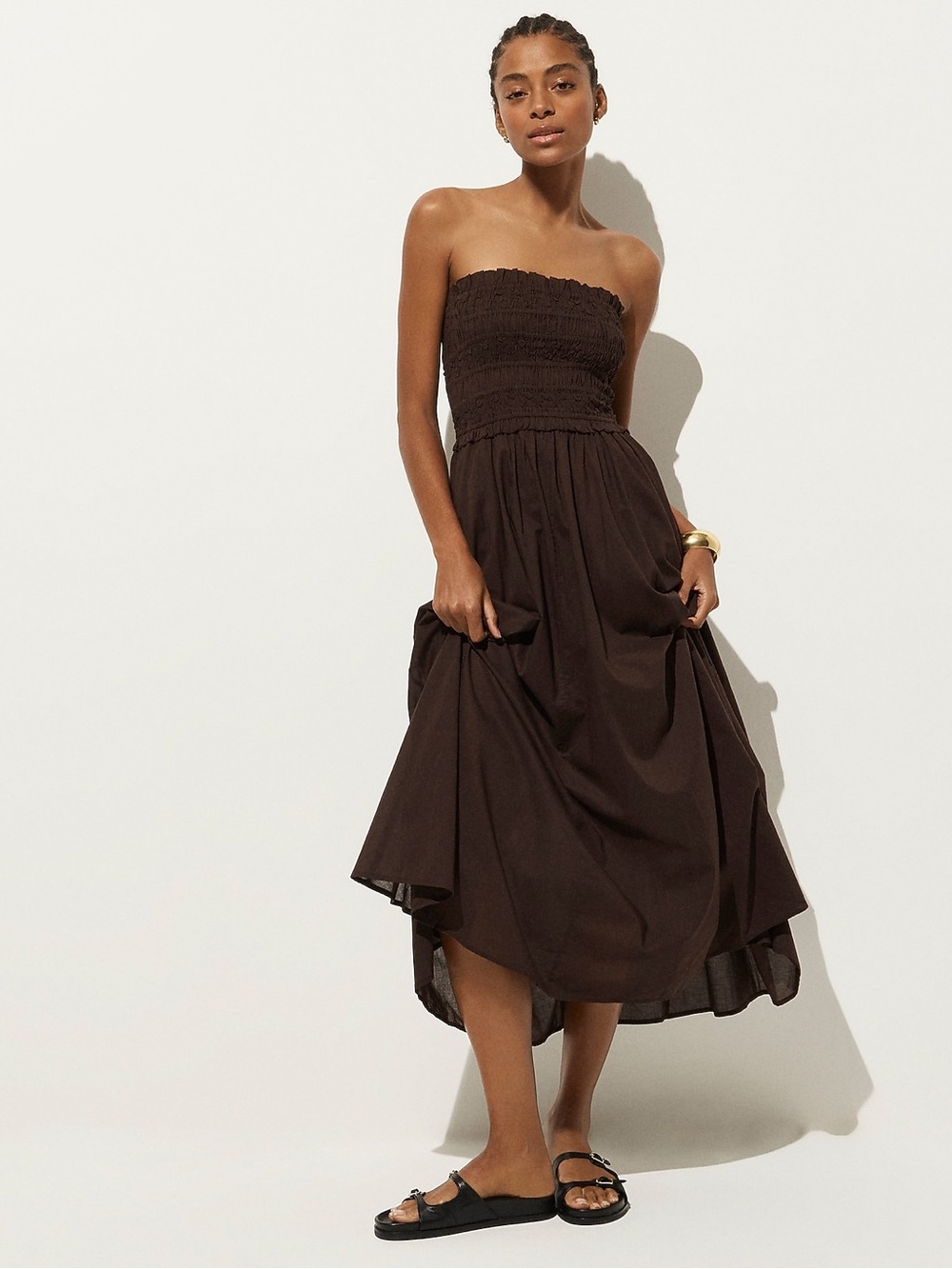 J. Crew Smocked Maxi Dress Medium Inky Espresso Cotton Voile Sleeveless Brown